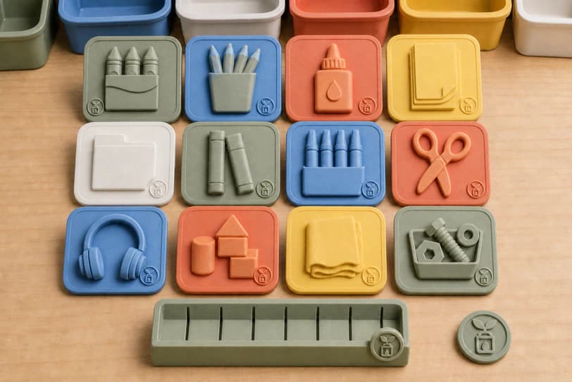 Large classroom supply-bin icon plaques arranged in a proof tray