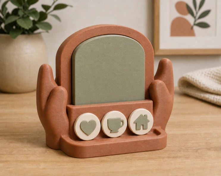 Matte printed abstract hands appreciation stand with a blank thank-you card and oversized decorative tokens