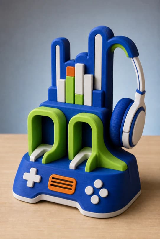 Bold matte 3D printed arcade soundwave cable stand with chunky generic controls