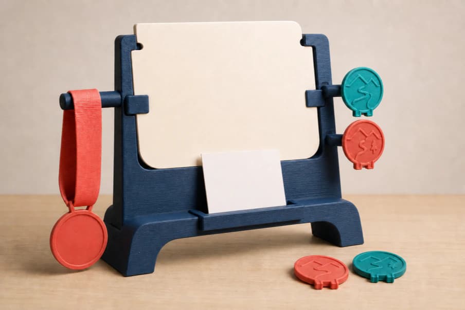 Matte printed desk stand holding a blank bib-shaped insert