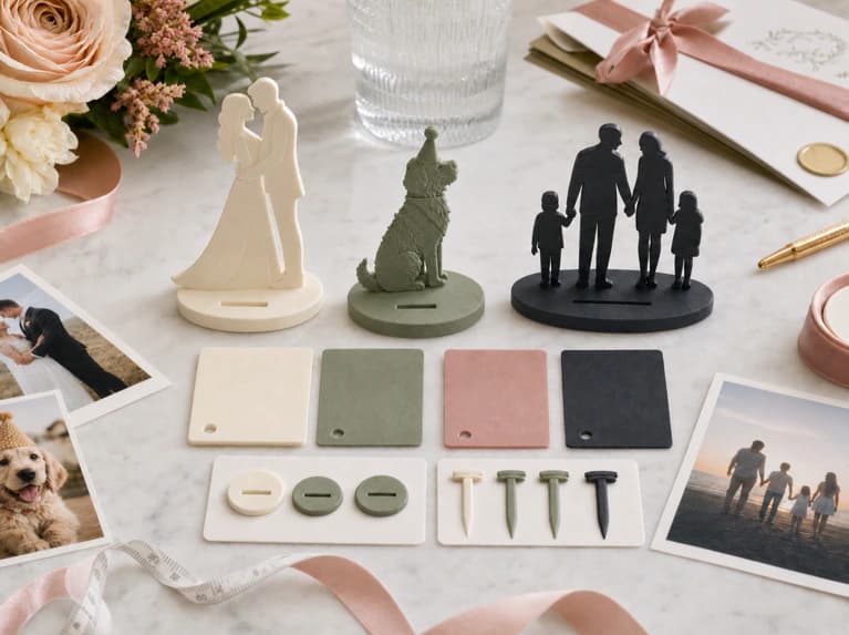 Decorative 3D printed topper examples with color swatches, bases, stakes, and celebration reference photos