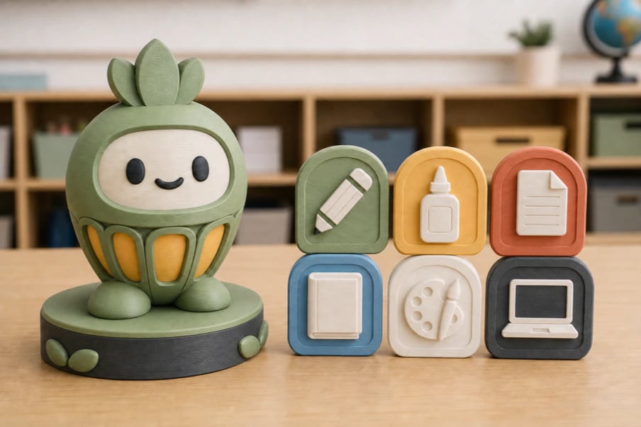 A seedling-lantern classroom mascot with large colorful supply-bin icons