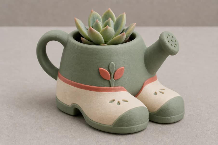 Matte green and cream 3D printed garden clogs succulent planter with rounded fused forms