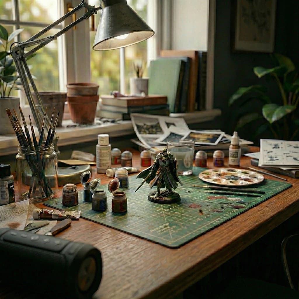 Relaxing hobby desk with painted miniature