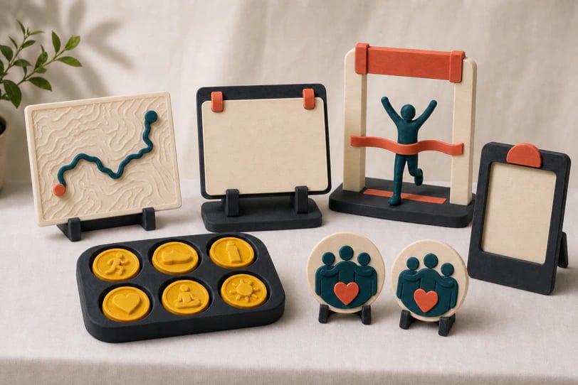 Matte 3D printed first-race keepsake bundle with a route plaque, blank bib stand, finish scene, and display tokens