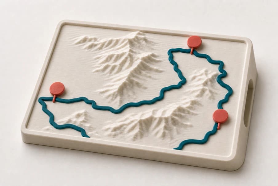 Matte printed route relief plaque with a simplified raised route line